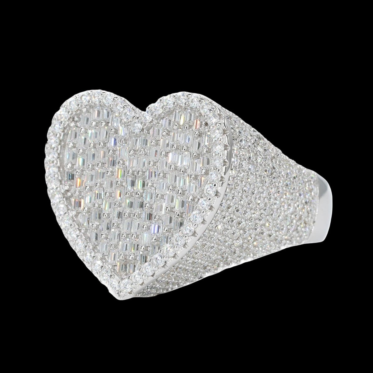 Iced Out Baguette Heart VVS Moissanite Diamond Ring